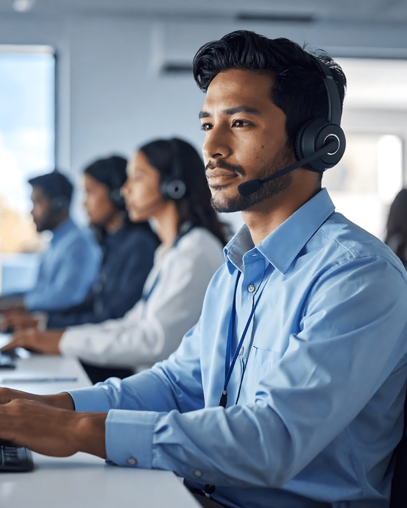 man wearing headset looking at computer