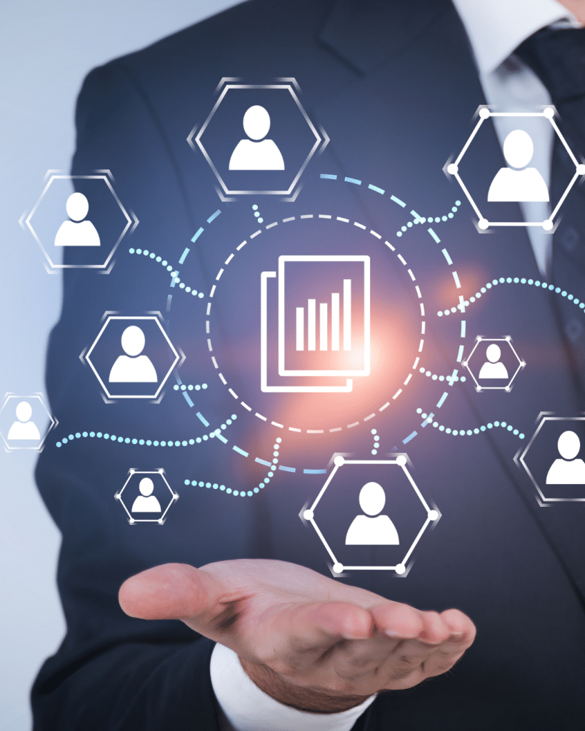 person holding out hand with interconnected overlay of people above it.