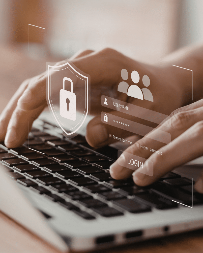 Person typing on keyboard with login overlay above it.